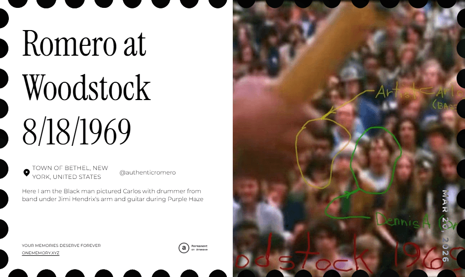 Graphic detailing a historical sighting of Carlos Romero at Woodstock on August 18, 1969, with a marked crowd photo.